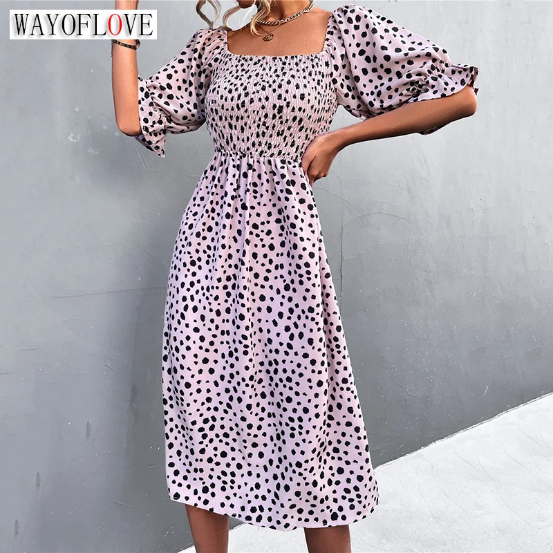 

WAYOFLOVE Leopard Sexy Long Dress Woman Square Collar Slim Folds Beach Casual Summer Dress Women Party Elegant Dresses For Women