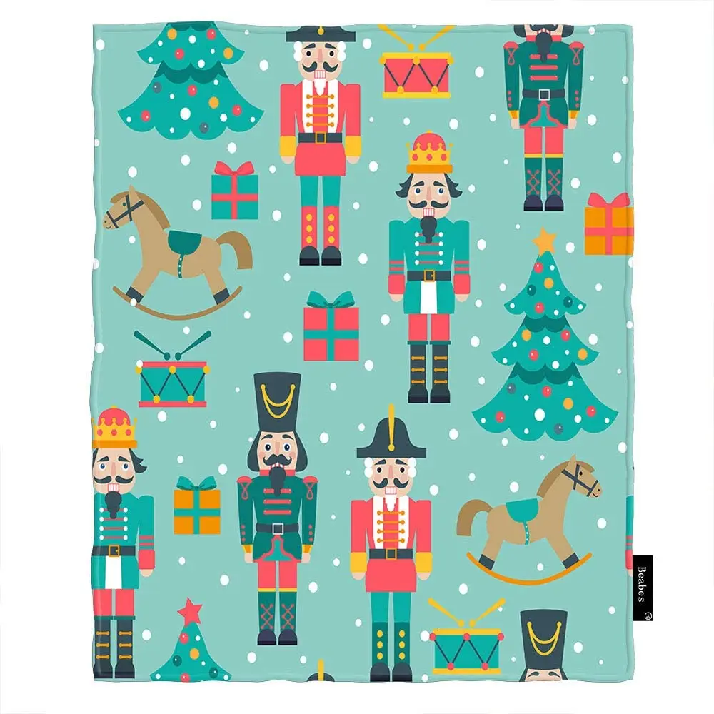 

Christmas Trees Gift Box Throw Blanket Winter Christmas Snow Drums Rocking Horse Warm Throw Blanket Flannel Fleece for Bedroom