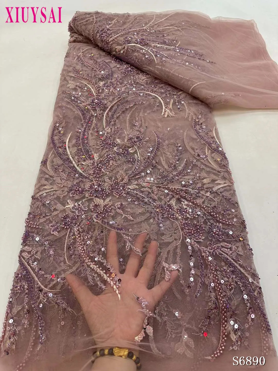 

Африканская розовая кружевная ткань с бисером, 5 ярдов, свадебные ткани для женщин, Дубайский французский тюль, ткань с блестками для шитья