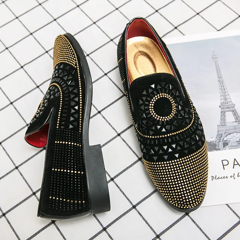 

Spring Luxury Black Wedding Shoes Men Rhinestones Slip-on Pointed Designer Leather Shoes Men Party Big Size 47 Mens Social Shoes