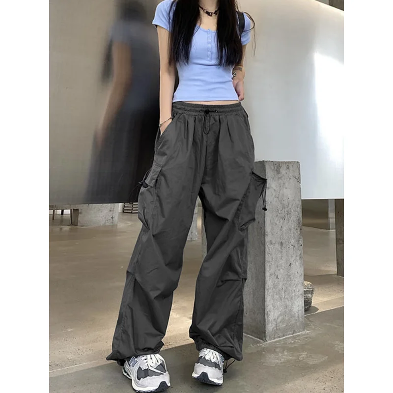 

Повседневные Зеленые рабочие брюки Y2K в стиле милитари, женская уличная одежда на шнуровке, свободные прямые брюки с широкими штанинами, женские спортивные брюки оверсайз