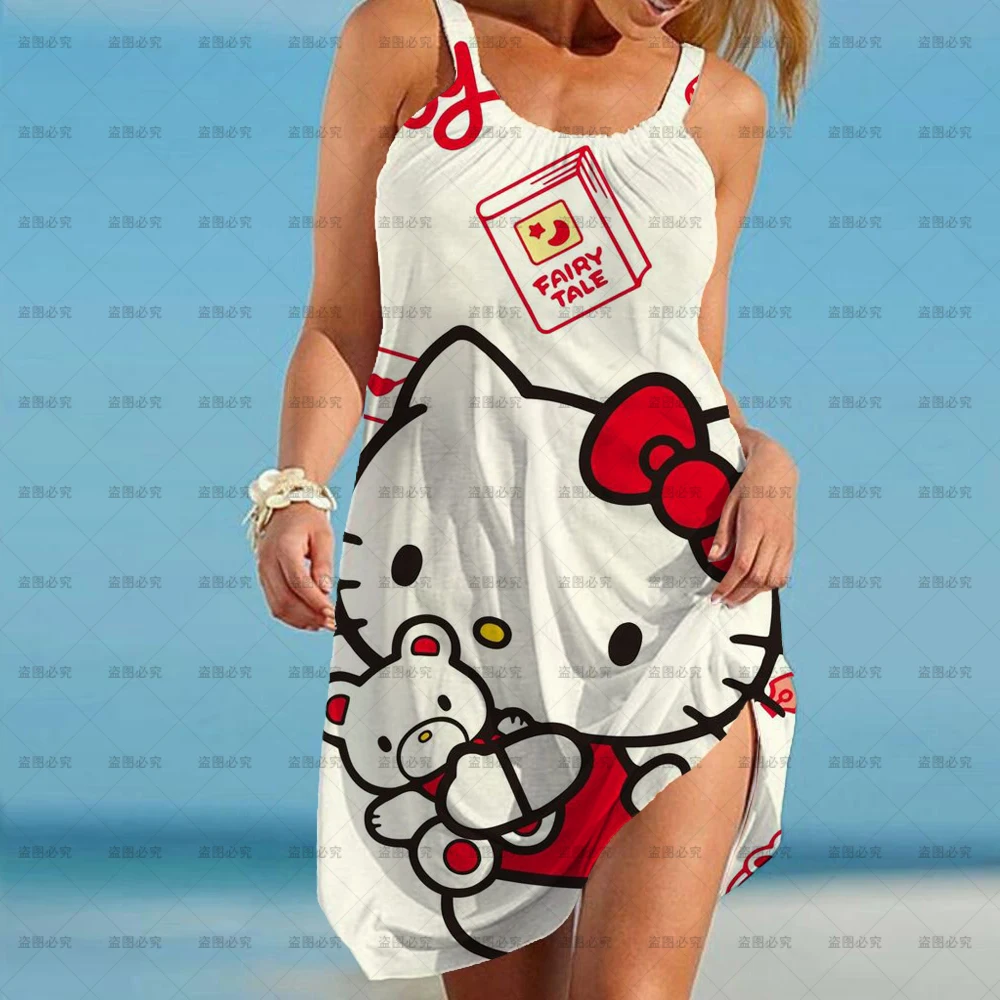 

Summer 2022 Hello Kitty Dress Beach Holiday Party 3D Dress Ladies Sundress Street Print Ladies Loose Suspender Circle Dress