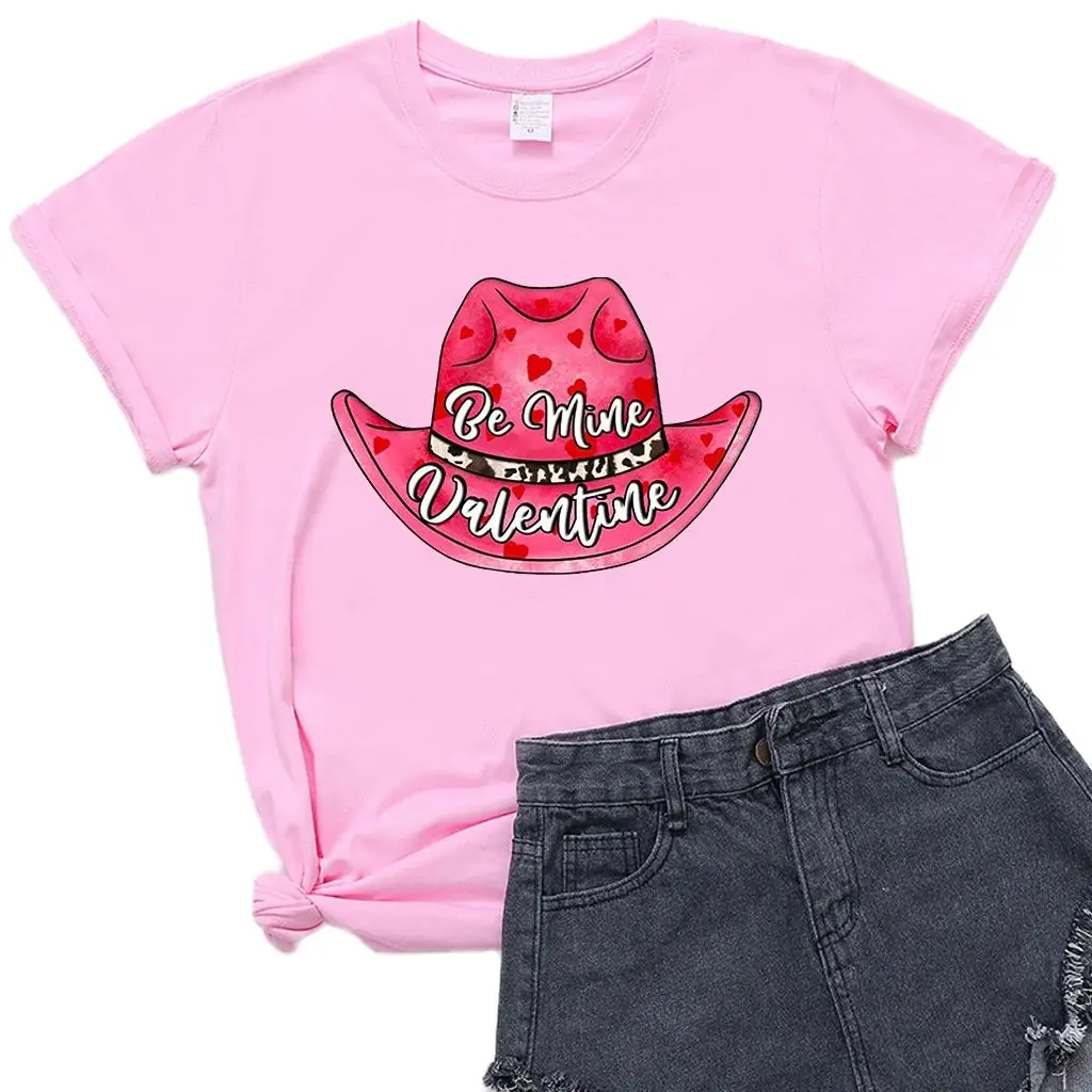 

Be Mine Valentine Western Cowboy Hat Print Women's Short-sleeved T-shirt Tops Graphic T Shirts Harajuku Aesthetic Oversized Tee