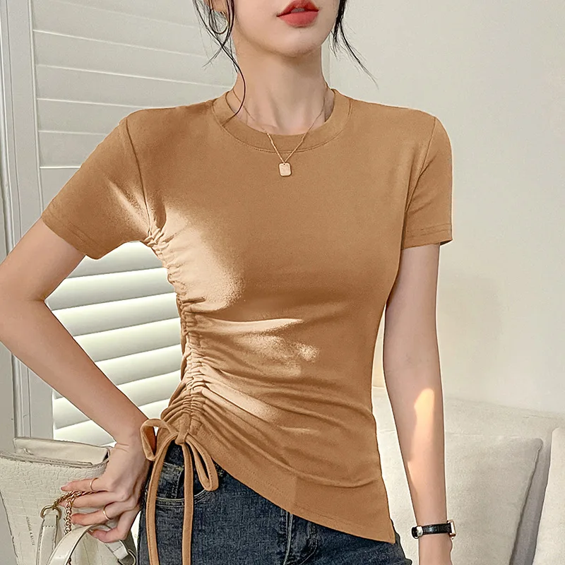 

Short-sleeved t-shirt women's summer 2023 new style rope-pulling design waist show thin round collar cotton jacket BLACK