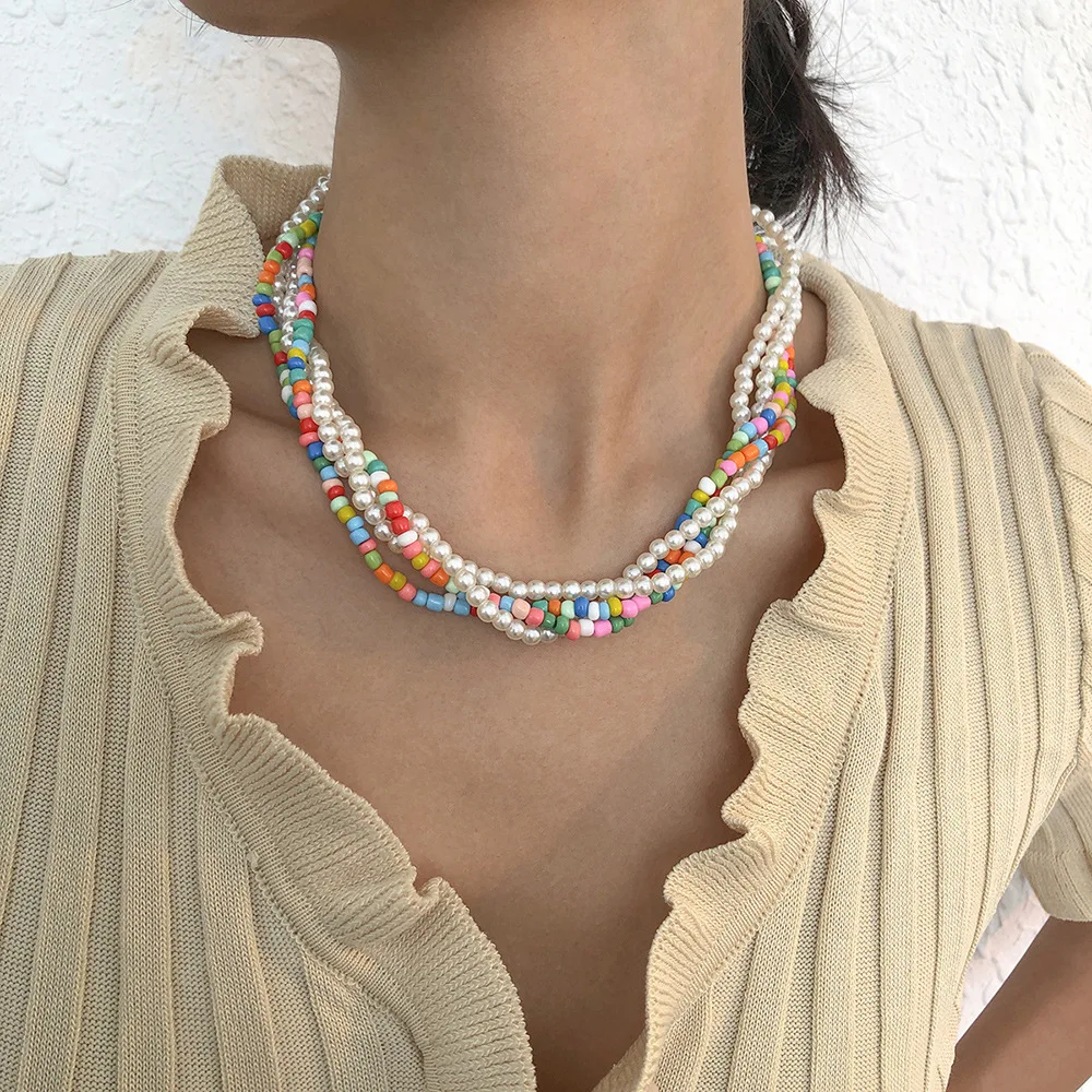 

Simple Multi-Layer Winding Imitation Pearl Rice Bead Clavicle Chain Boho Temperament Women Fashion Chokers Necklaces