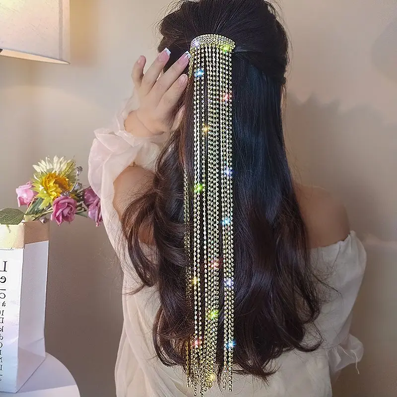 

FYUAN Luxury Colorful Gold Full Rhinestone Hairpins for Women Hairwear Long Tassel Crystal Hair Accessories Wedding Jewelry