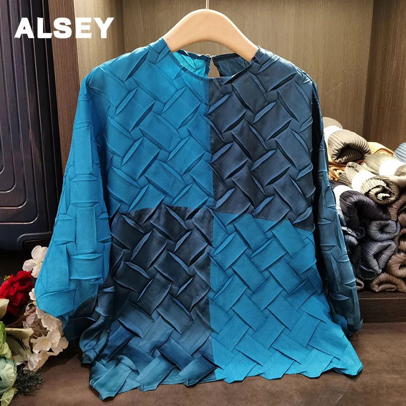 

Женская плиссированная блузка ALSEY Miyake, офисная блузка свободного покроя с круглым вырезом и длинными рукавами, большие цвета