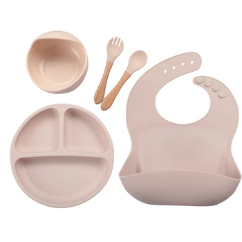 Mommy Town Baby Safe Suction Cup Silicone Dinner Plate Bowl Spoon Fork Toddler Training Tableware Retro Kids Smile Face Plate 1