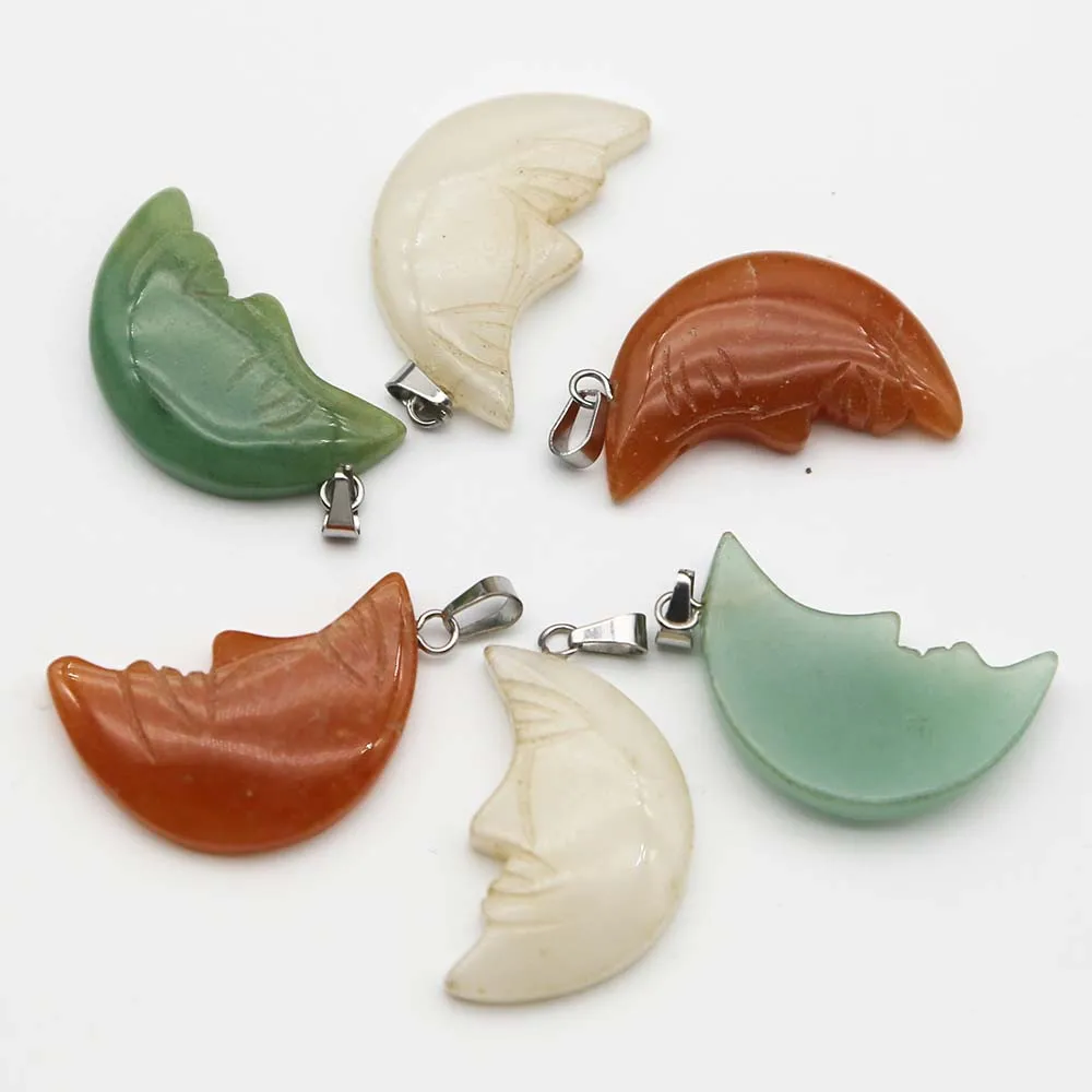 High Quality Natural Stone Carved Moon Face Pendants Fashion Charms Mineral Healing Necklaces Jewelry Accessories Wholesale 8Pcs