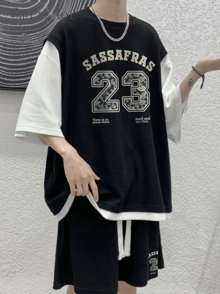 

Gmiixder Basketball Sports Casual Suit Men's American Vintage Hip Hop A Set of Waffle T-shirt + Shorts Y2K Preppy 2pcs Tracksuit