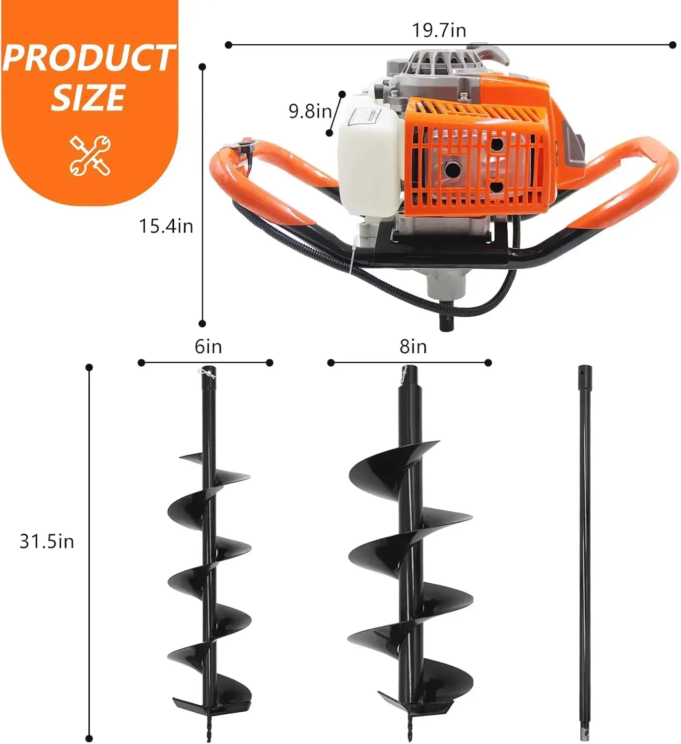 Фото -72CC Экскаватор для шнековых стоек, 2-тактный газовый экскаватор для шнековых стоек с 2 шнековыми сверлами (6 дюймов и 8 дюймов) + 1 удлинитель №4