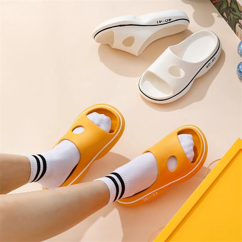 

ZMPDXY Unisex Platform Home Slides Non-Slip Bathroom Slippers Summer Soft Men's Slippers Simple Striped Beach Flip-Flops