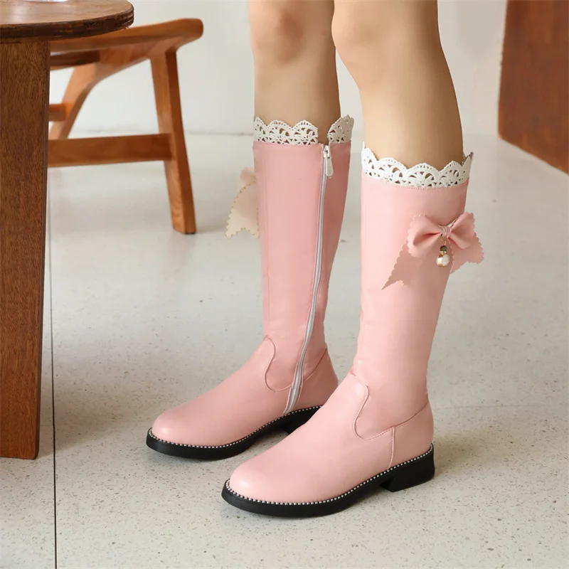 

YQBTDL Kawaii Japanese Performance Princess Ruffles Ankle Boots Bow Pearl Chunky Heel 2022 Winter Fairy Lolita Party Shoes Women