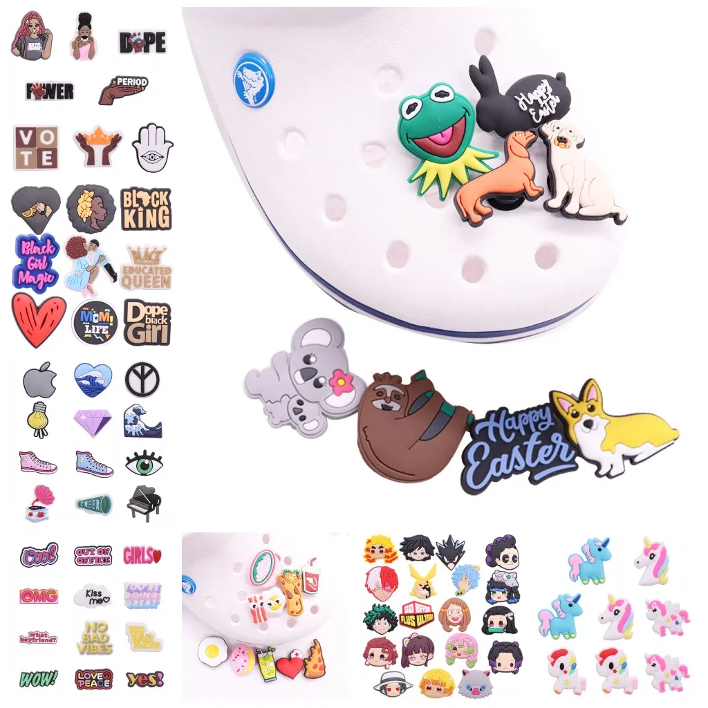 

50pcs Dog Animal Cola Pizza Black King PVC Shoe Charms Accessories for Clog Dinosaur Unicorn Garden Shoe Decorations Kids Gift