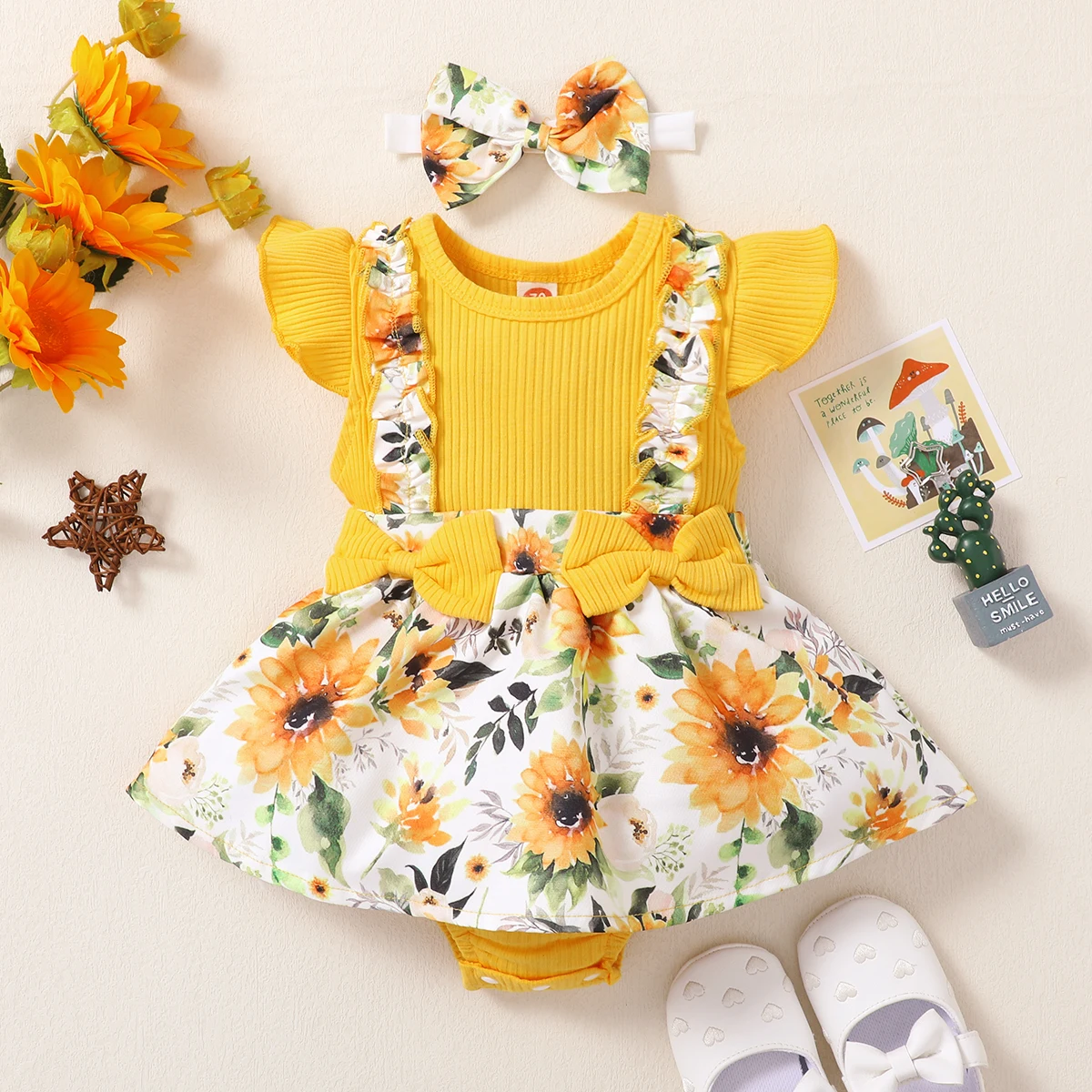 

Newborn Baby Girls Romper Knitted Flying Sleeves Bow Splicing Floral Print Dress Bodysuit Summer Infant Fashion Jumpsuit