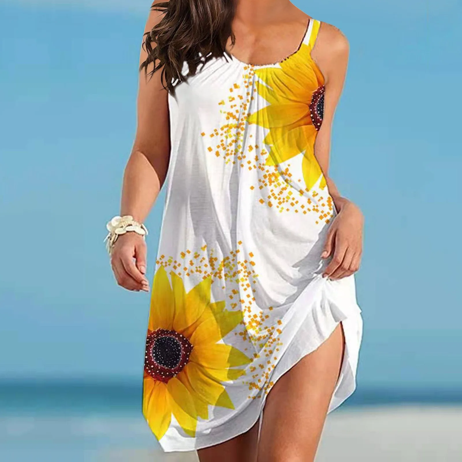 

Женское свободное платье с цветочным принтом, повседневное пляжное сексуальное платье без рукавов, модное женское платье, кружевное вечерн...