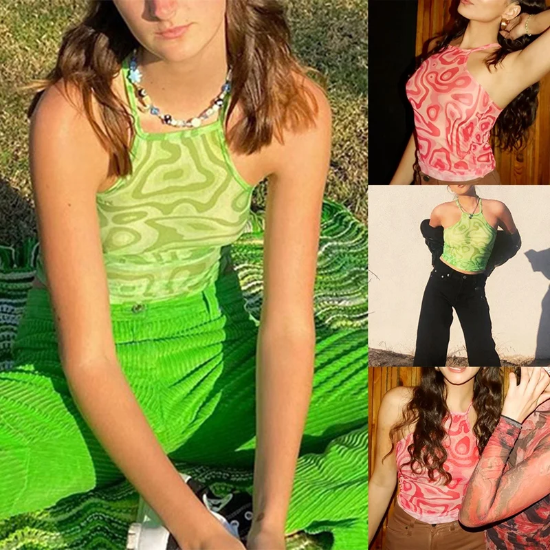 

Women's Summer Casual Mesh Print Vest Fashion Cute Halter Hanging Neck Sleeveless Ruffled Female Crop Tops