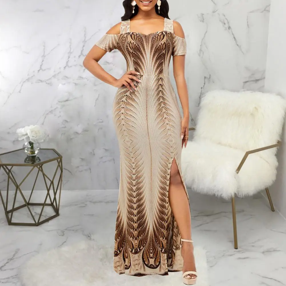 

3D Digital Print Bandeau Waist Tight Short Sleeve Party Dress Women Off Shoulder Sling Split Hem Maxi Dress