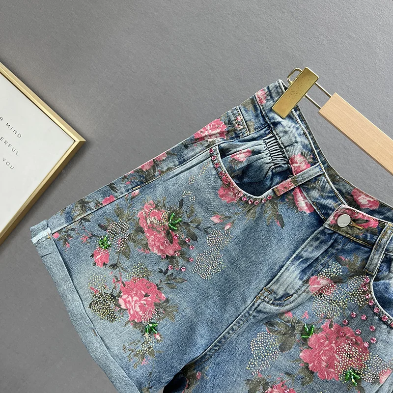 High Waisted Shorts Fashion Printed Denim Shorts for Women 2023 Summer New High Waist Loose Rhinestone Wide Leg Shorts Female