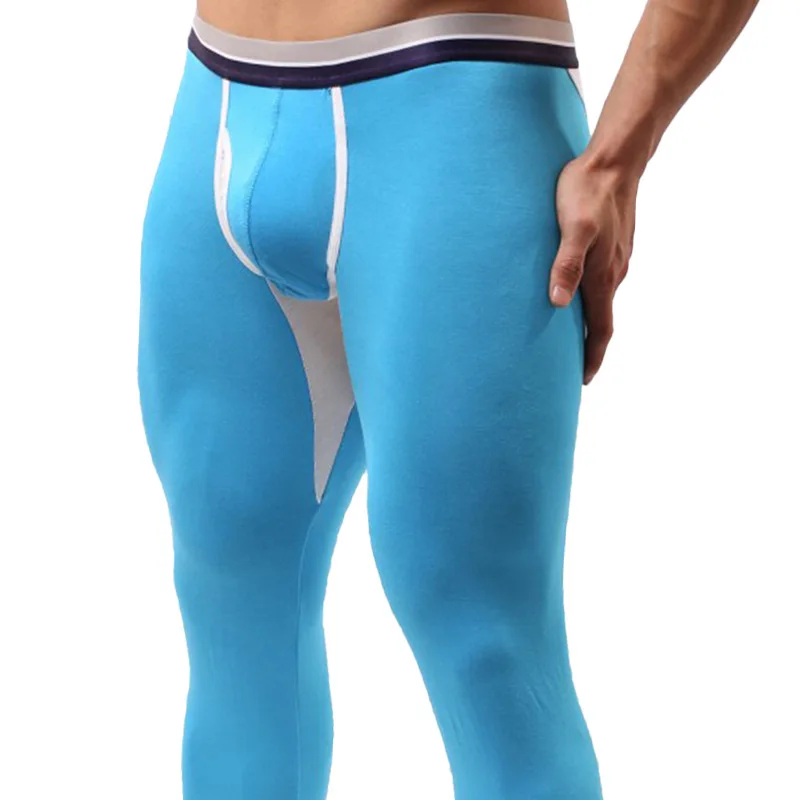 Men Modal Long Johns Thermal Underwear Men Sexy Penis Hole Leggngs Printing Male Thermal Pants Bulge Pouch Lounge Sleep Bottoms