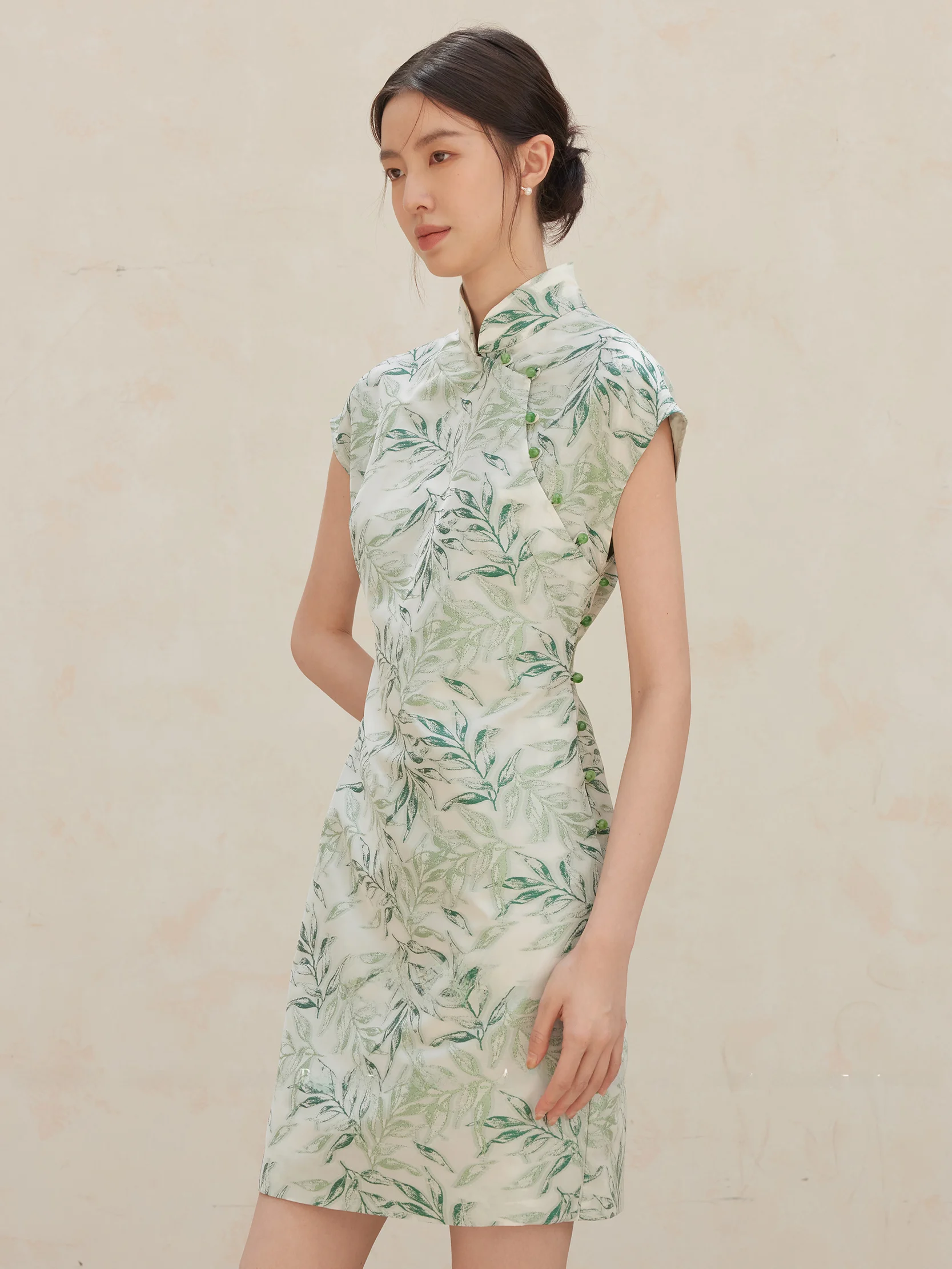 Оригинальное зеленое дизайнерское элегантное Новое китайское короткое платье