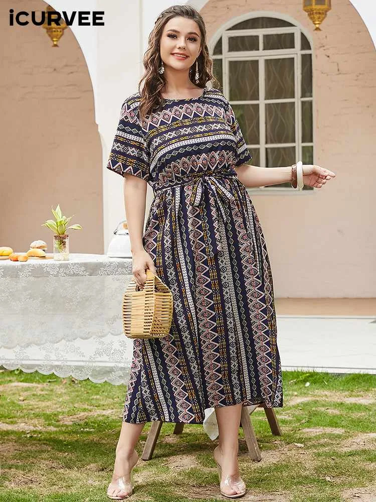 

ICURVEE Plus Size Summer Dress 2022 Bohemian Printed Midi Sundress Women Short Sleeve Vintage Belted Casual Loose Party Vestidos