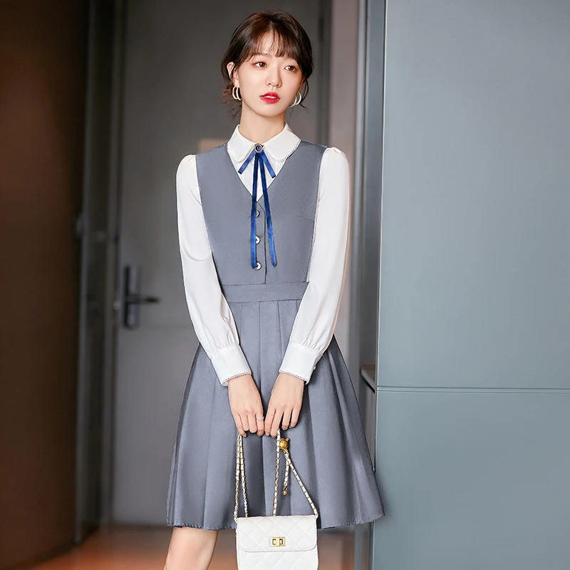 

Spring Summer Korean College Style Professional Women Uniform Office Clothes Work Suit Formal Waistcoat Dress Shirt Two Piece