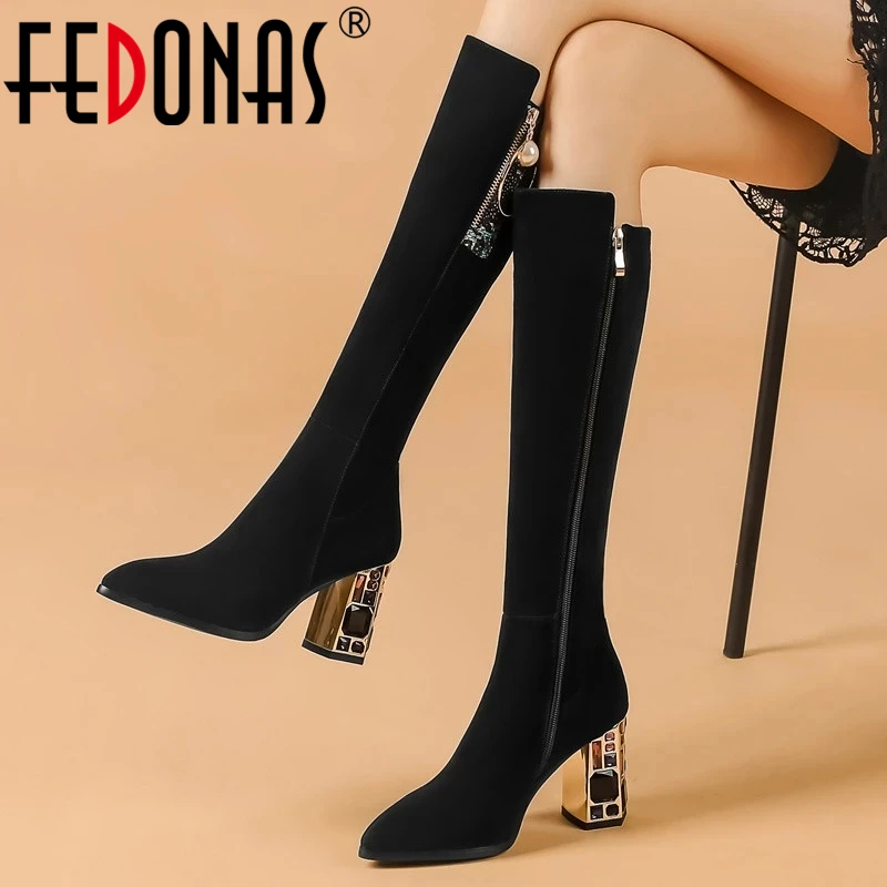 

FEDONAS 2021 Elegant Woman Knee High Boots Autumn Winter Warm SheepSkin Basic Party Office Prom Pearl Decoration Shoes Woman