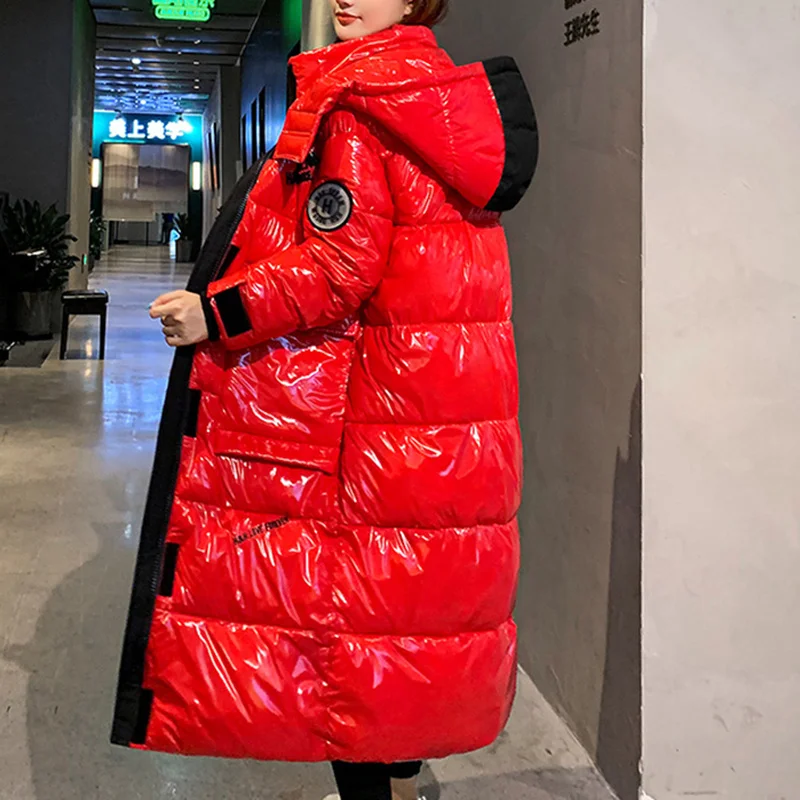 Female Glossy Winter Jacket Women Hooded Casual Waterproof Overcoat Fashion Winter Coats Long Reflective Jackets Warm Parkas Ins