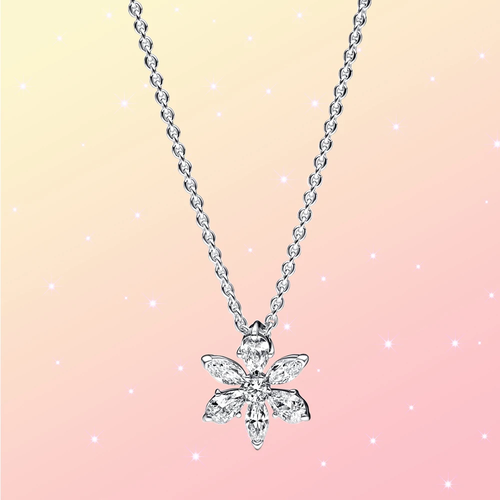 

925 Silver Sparkling Diamond Flower Specimen Pendant Necklace fit for Pandora Engagement Trendy Girls Jewelry Gift