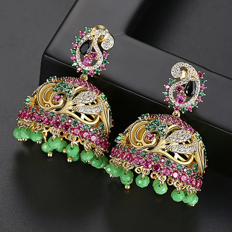 

Ethnic Indian Jhumka Jhumki Cubic Zirconia Beads Bell Drop Earrings Bridal Wedding Women Vintage Jewelry Gypsy Tribal Bollywood