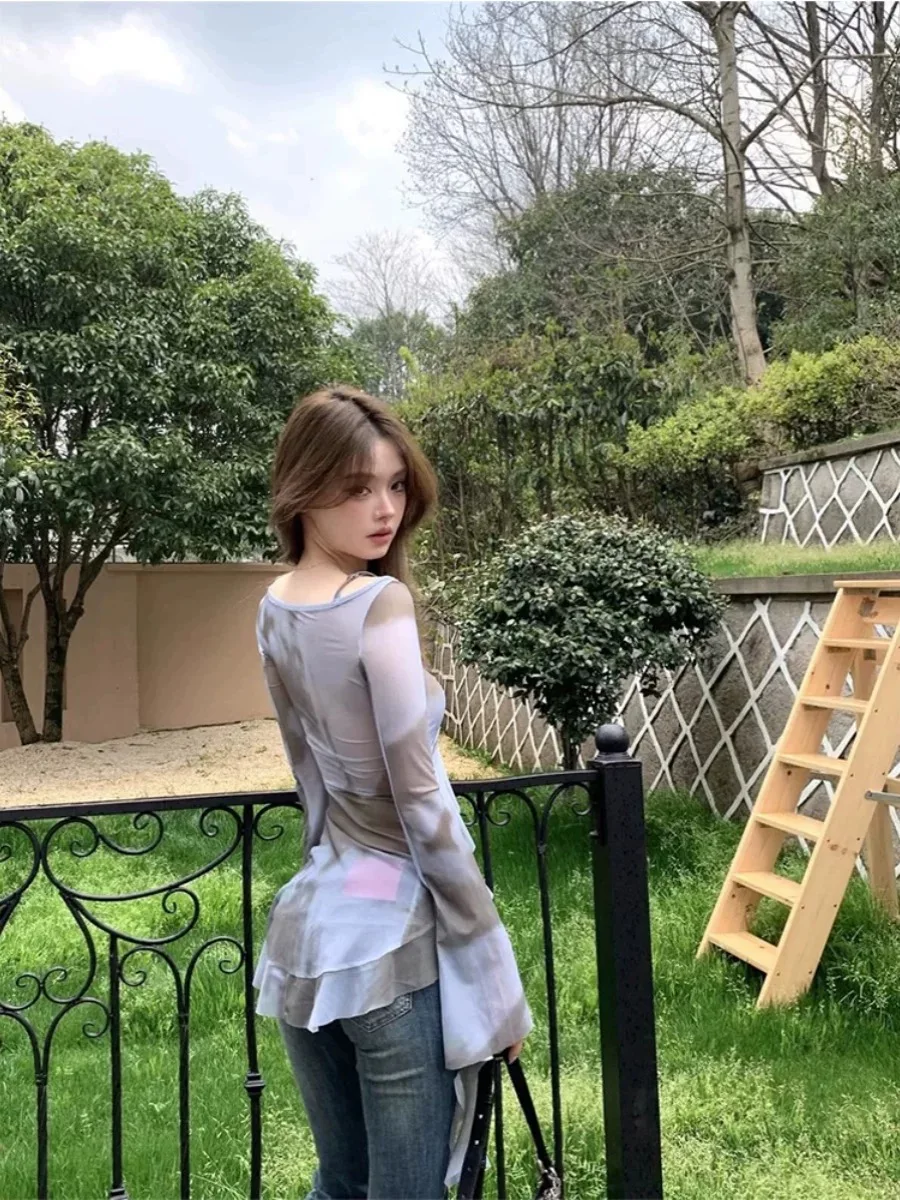 Y2K Ins Chic Tie Dye Женские топы Осенняя лента Sexi Уличная одежда Блузка с запахом Рубашки