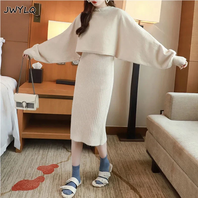

2022 Autumn Winter O-neck Sweater Pullover Sweater+suspenders Knitted Dress Womens Two Peice Sets Solid Color Office Skirt Suit