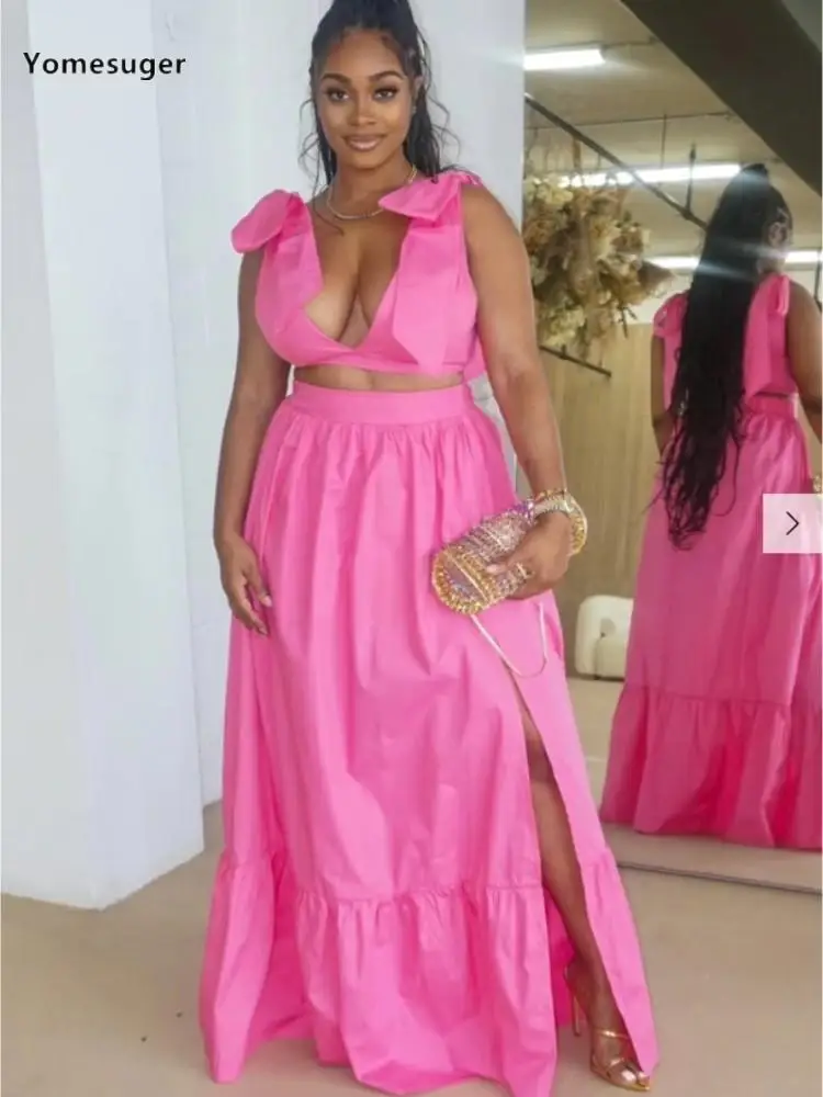 

Yomesuger Casual Solid 2 Piece Set Women Sexy V-Neck Bandage Vest and Split Loose Maxi Skirt Match Summer 2023 Vacation Outfits