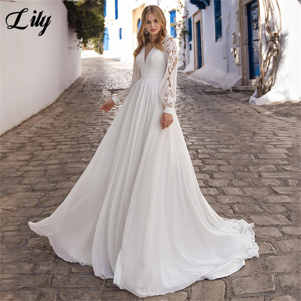 

Lantern Long Sleeve Wedding Dress 2023 A-Line V-Neck Vintage Chiffon Bridal Gown Floor Length Wedding Gown Sweep Train Backless