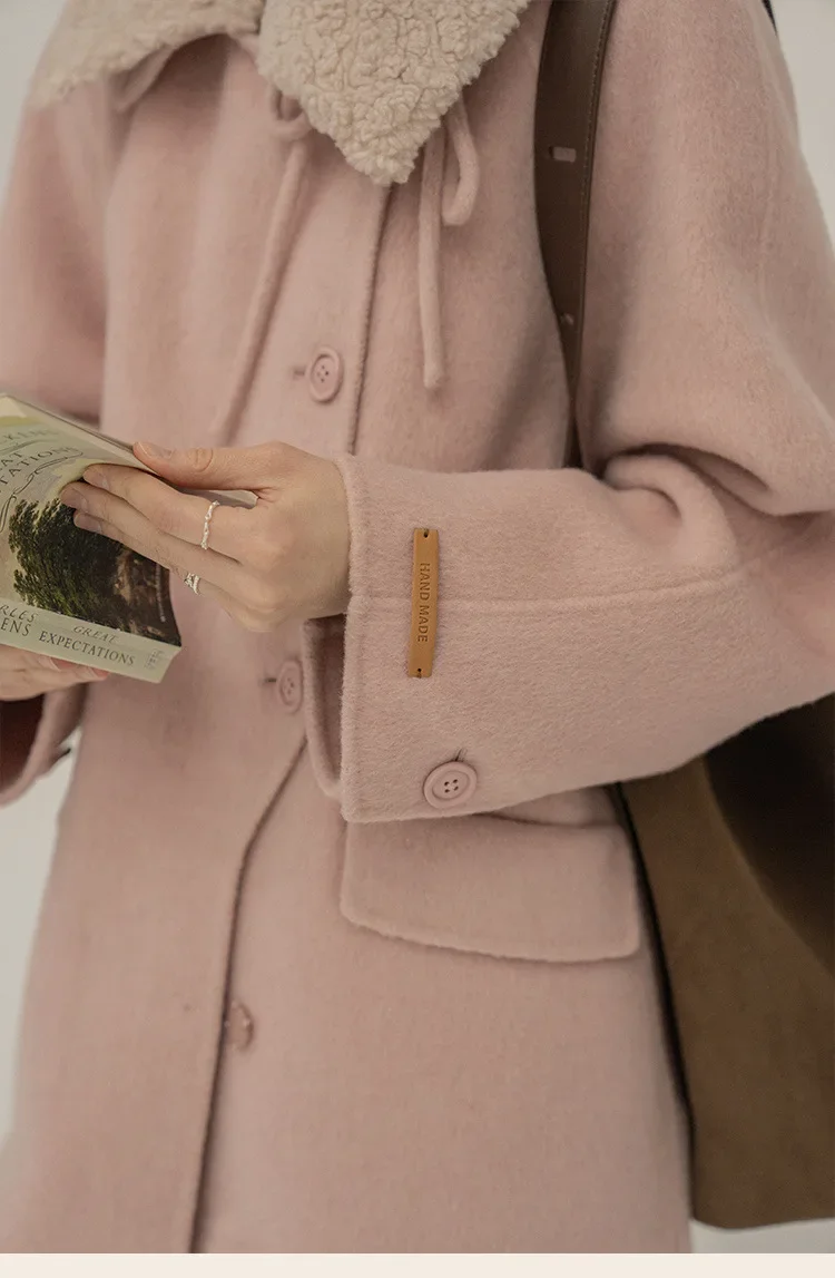 Французское шерстяное пальто в стиле Хепберн пэчворк с меховым воротником