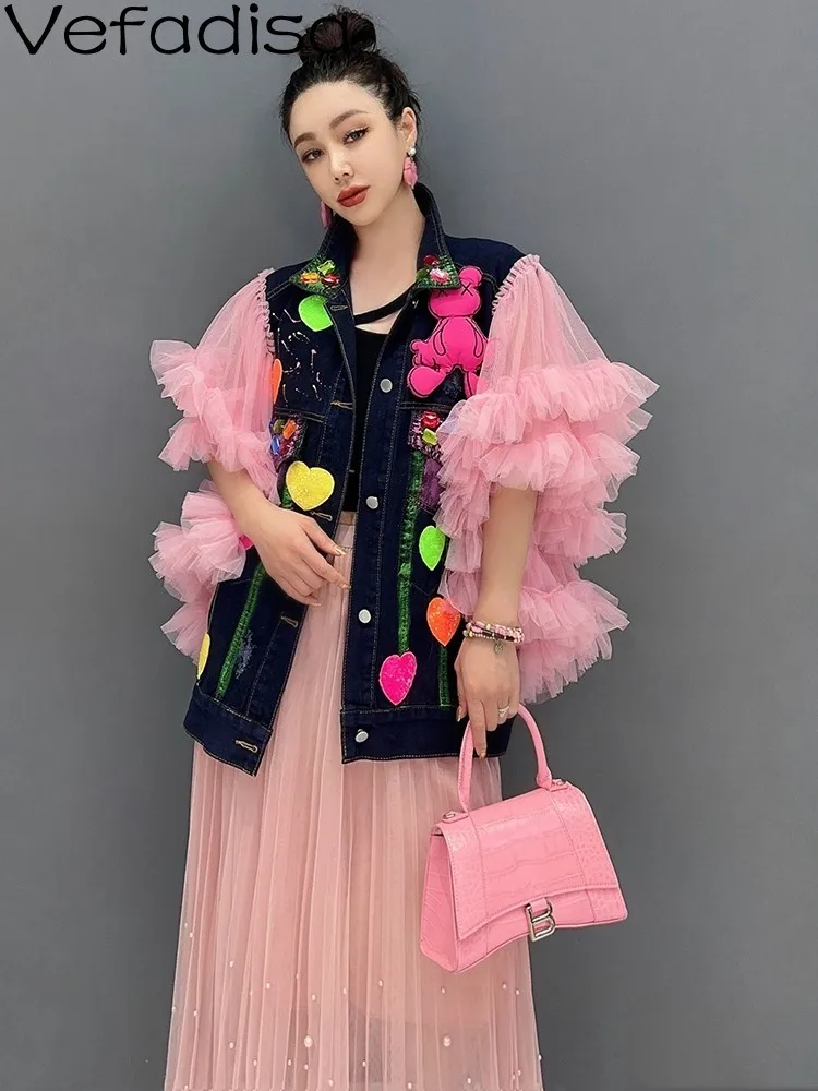 

Vefadisa 2023 Summer New Casual Fashion Denim Jacket Women Splice Mesh Cardigan Embroidery Printing Short Sleeve Coat ZXF278B