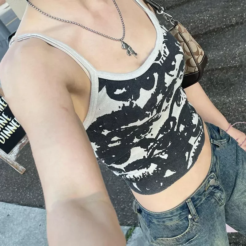 

Portrait Print T-shirt Aesthetic Y2K Crop Tops Short Sleevle Vest Tees Harajuku Streetwear White Suspenders Women Clothes