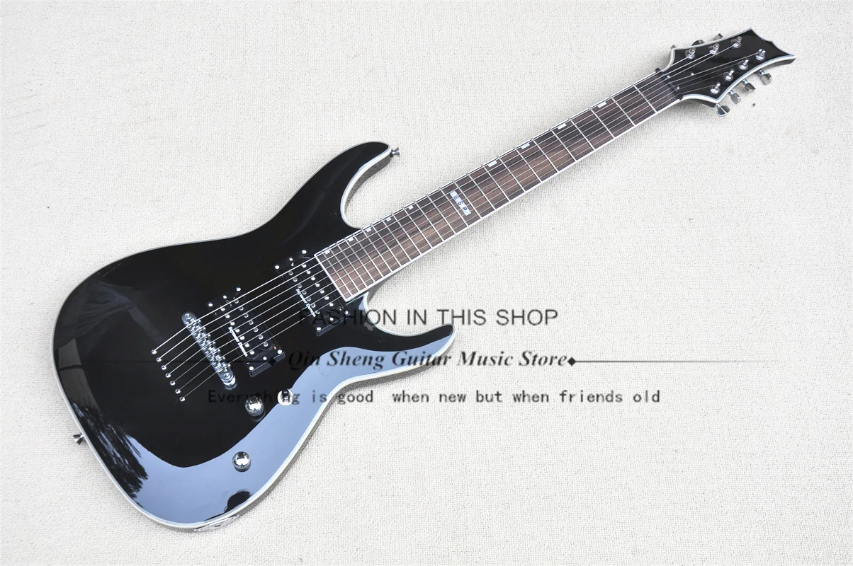 

7 String Electric Guitar Black Guitar Maple Neck Set In Basswood Body Rosewood Fingerboard Fixed Bridge Strings Though Body