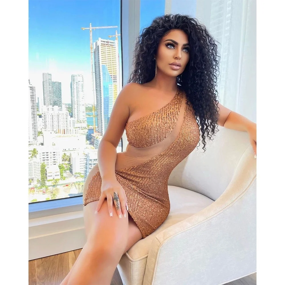 

Zabrina Dresses For Women Fashion Dress Night Club Sequin Short Vestidos 2022 Traf One-Shoulder Evening Robe Slim Y2k Wrap Hip