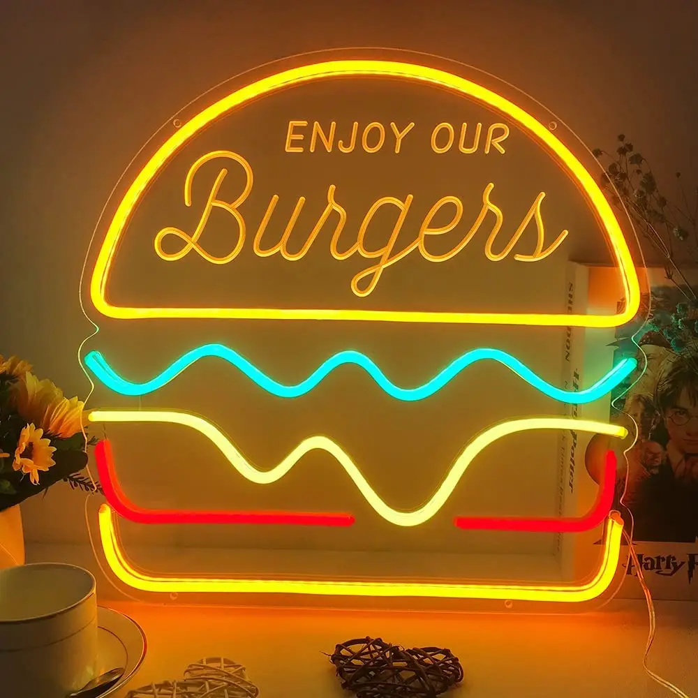 Hamburger LED Neon Light Sign Neon Wall Sign Night Lights for Bar Party Coffe Shop Window Kid’s Birthday Bedroom Home Decor Gift