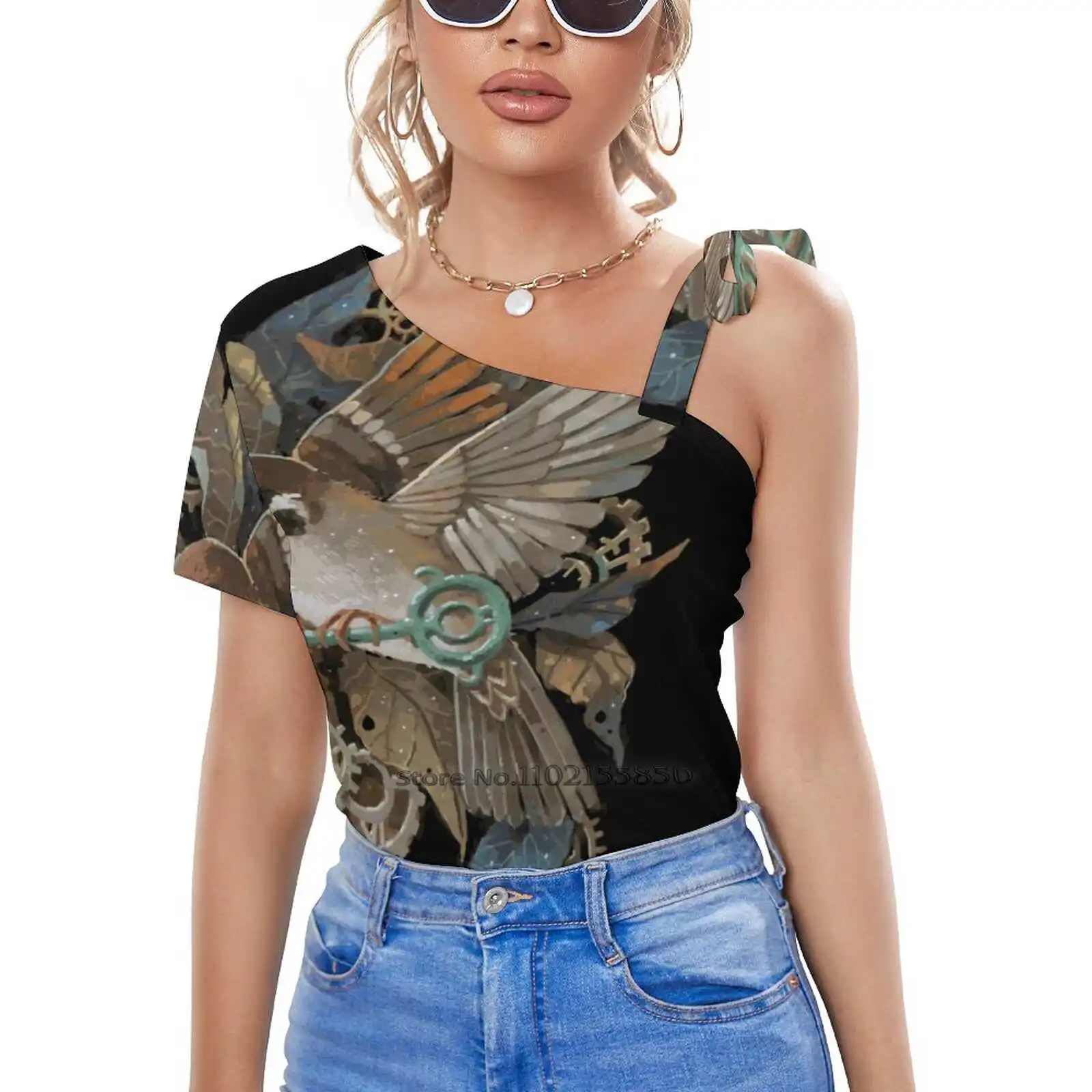 Заводная работа, Сексуальная футболка на молнии, повседневные топы, пуловер с вырезами, Дамские топы, футболки с птицами, Спарроу, в стиле стимпанк, с листьями и ключом