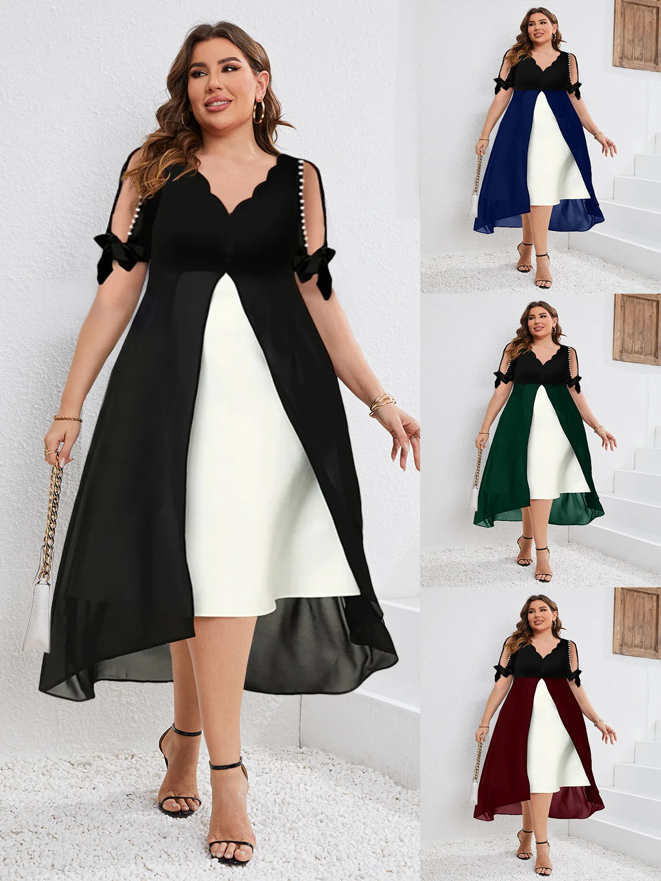

Plus Size Sweet Spicy Commuting Temperament Beautiful Women's Dress V-neck Irregular Mid Sleeve Dress Women's Long Dress Spring