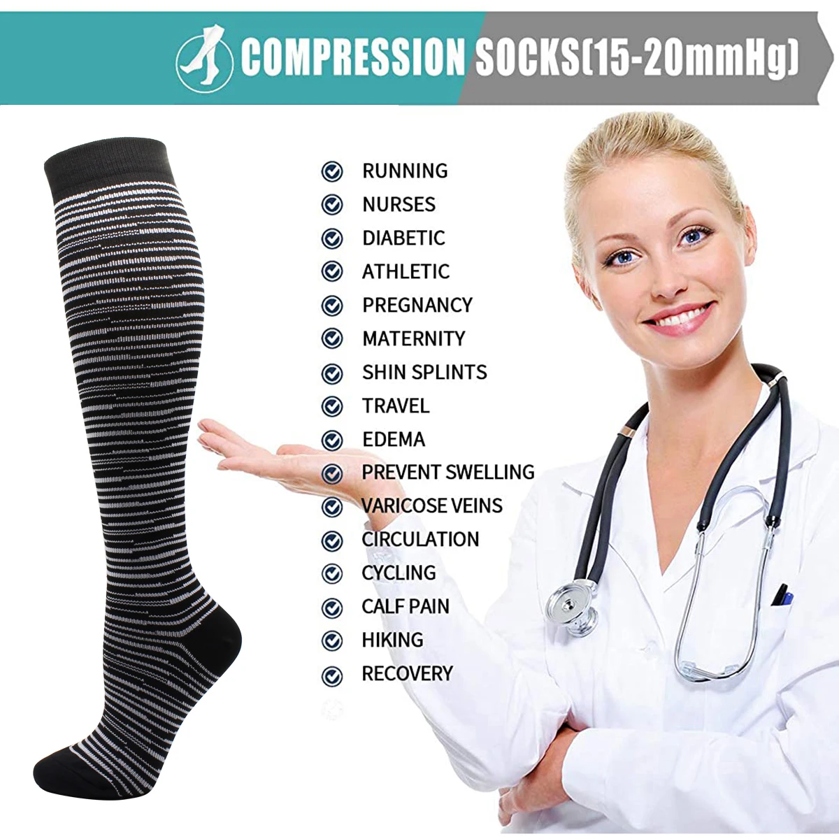 Compression Socks Pressure Nursing Socks For Edema Diabetes Varicose Veins Outdoor Running Sports Cycling Socks Men and Women