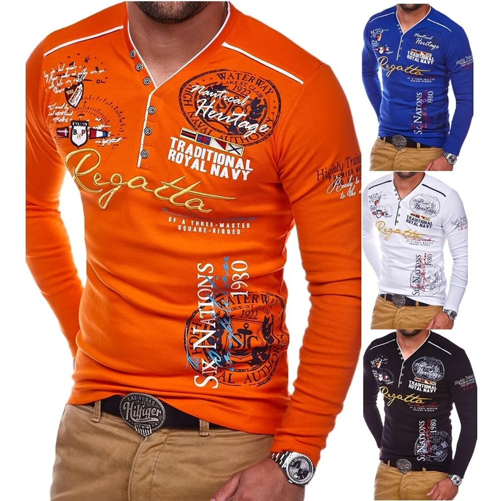 

Men's Slim Fit Long Sleeve Polo Shirt Casual Letter Print Clothing