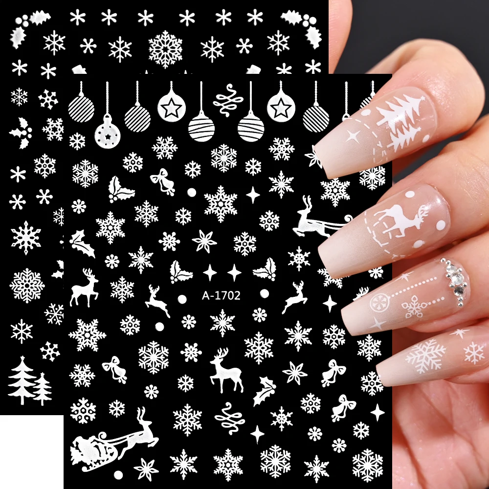 

2023 New Nail Stickers White Snowflake 8*10cm Winter Snow Deer French Stripe Lines Sliders Christmas Nail Art Stickers 3D Craft