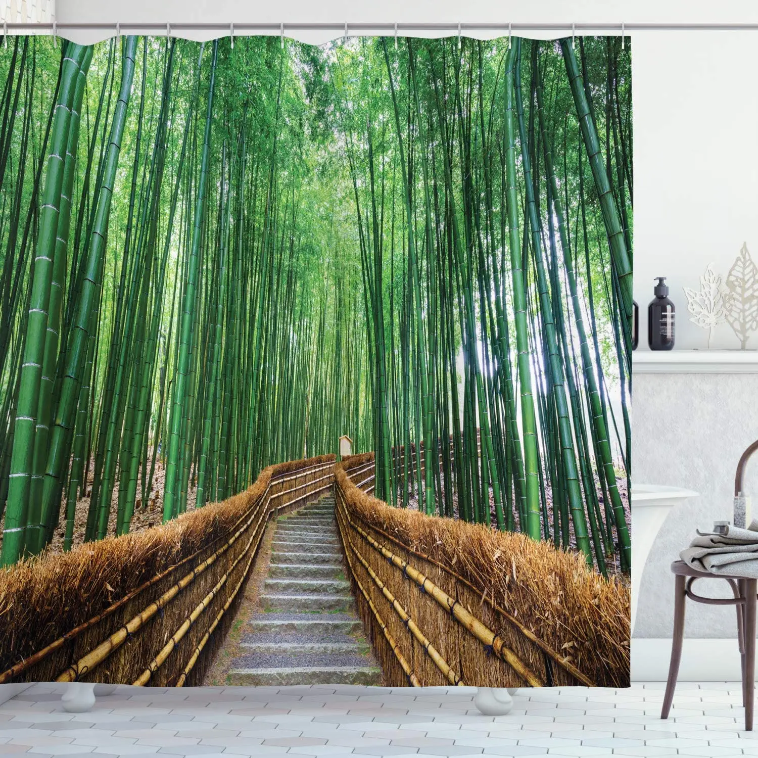 

Jungle Shower Curtain, Tropical Nature Bridge Over Tree Bamboo Exotic Landscape Spa Yoga Design, Cloth Fabric Bathroom