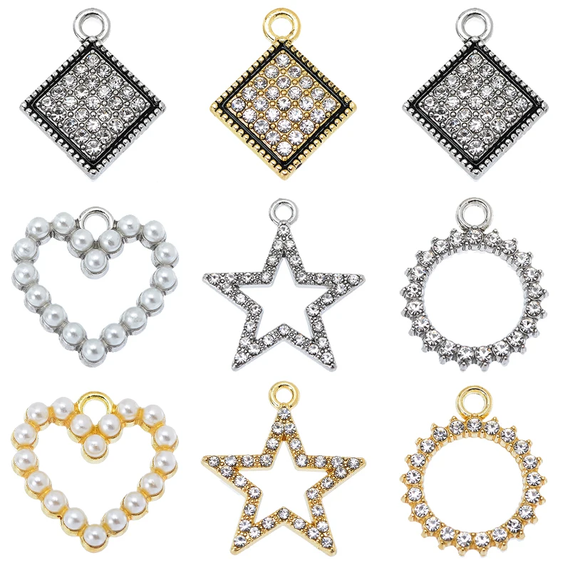 

10Pcs Delicate Round Heart Star Rhinestone Pearl Pendant for Women's Hanging Earrings Bracelet Necklace DIY Jewelry Making Charm