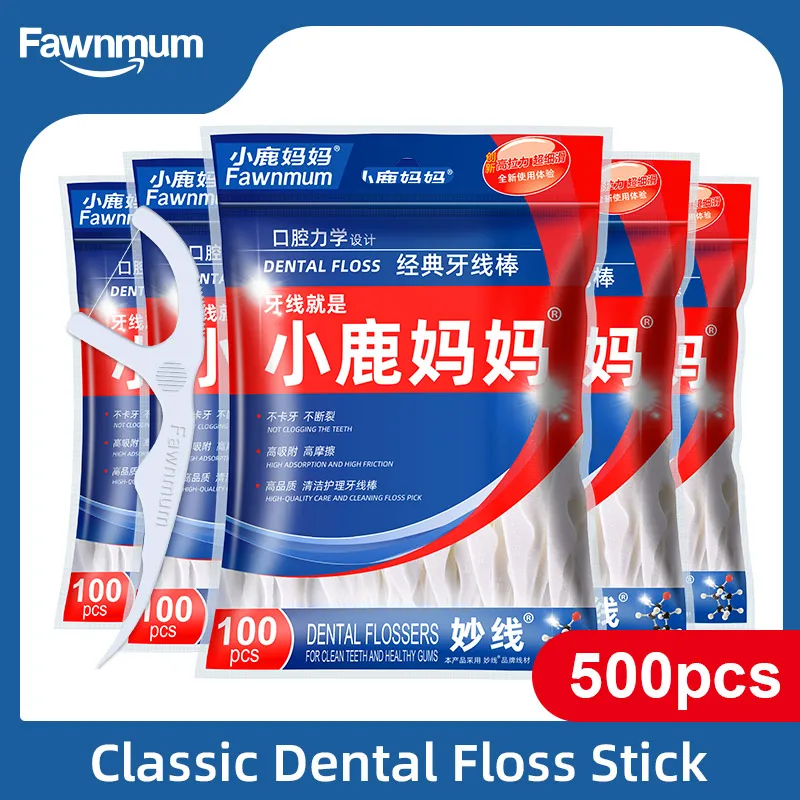 Fawnmum 5x100 Pcs/Lot Disposable Dental Flosser Toothpick Floss Pick Teeth Stick Interdental Brush Oral Gums Teeth Cleaning Care