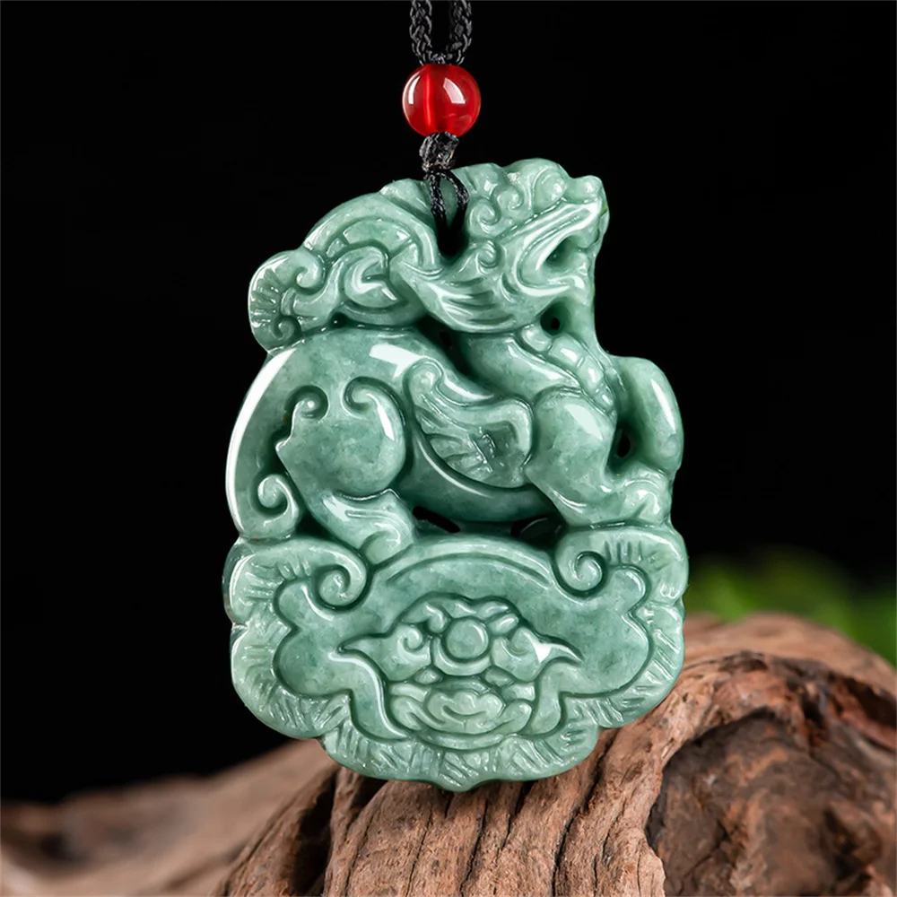 

Natural Green Jadeite Carved Exquisite RuYi Kylin Lucky Pendant Amulet Necklace Certificate Luxury Jade Vintage Jewelry Gift